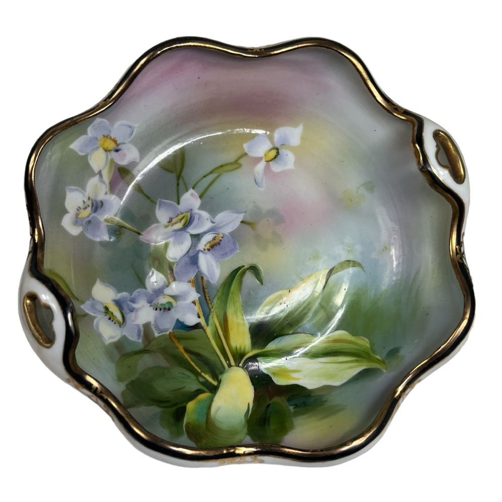 Vintage Nippon Hand Painted Candy Dish Nut Bowl Trinket Dish Gold Trim Floral